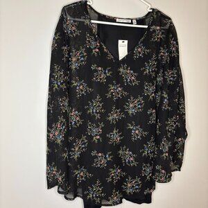NOTATIONS NEW V-Neck Blouse Womens 2X Sheer Lined Black Floral Stretch Poncho